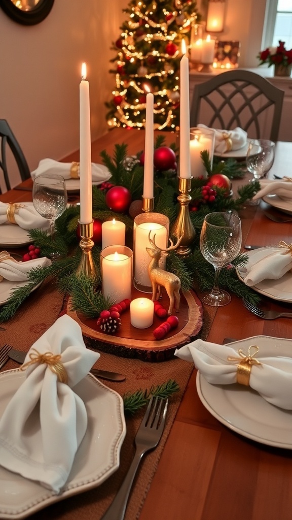 Christmas table setting with deer decorations, rustic wooden runner, candles, and festive accents.